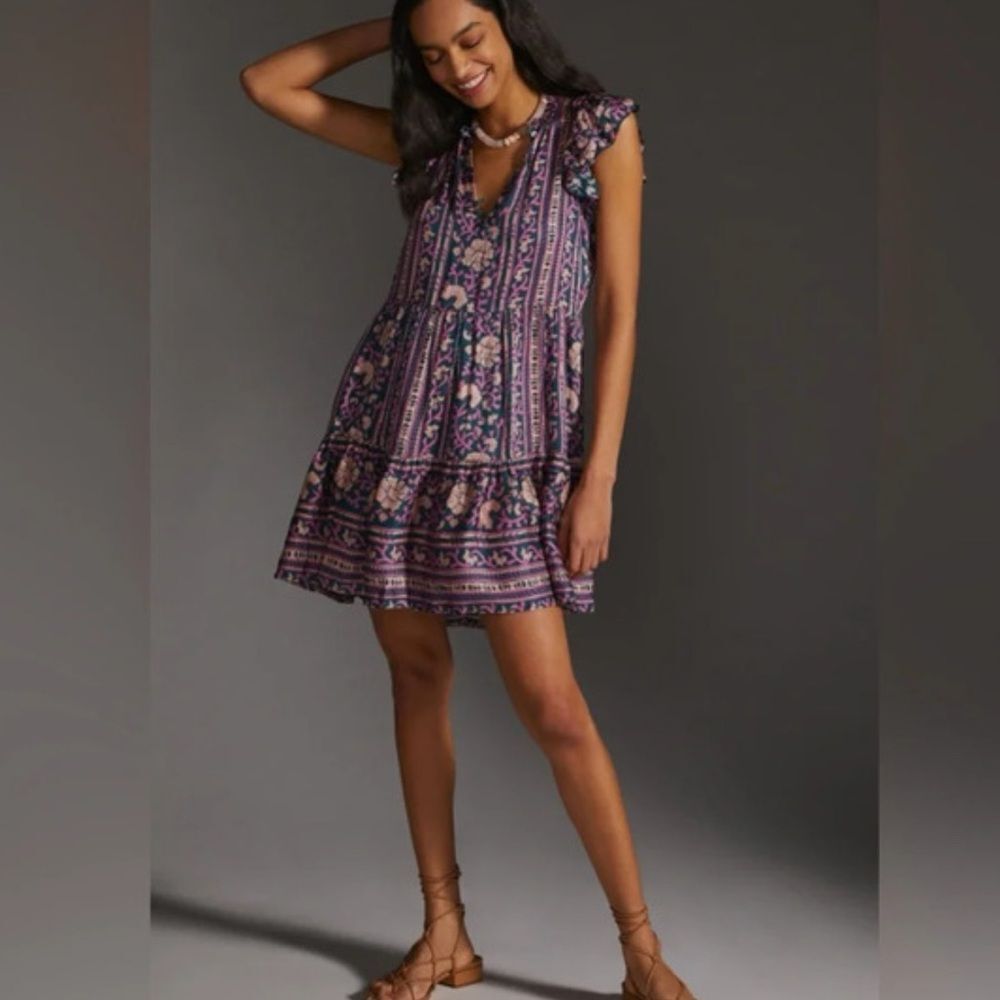 NWT Omika Purple Floral Print Mini Dress - Lightweight V-Neck Swing Dress